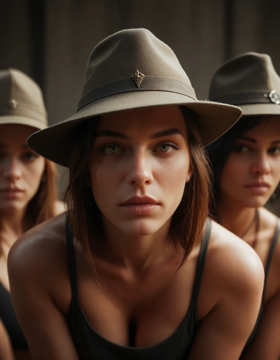 sharp focus, 8k uhd, 4women, hair ornament, hat, doggy style, dramatic lighting, lifelike render, score_9, score_8, candid photo, realistic skin texture, visible skin pores, film grain, depth of field
