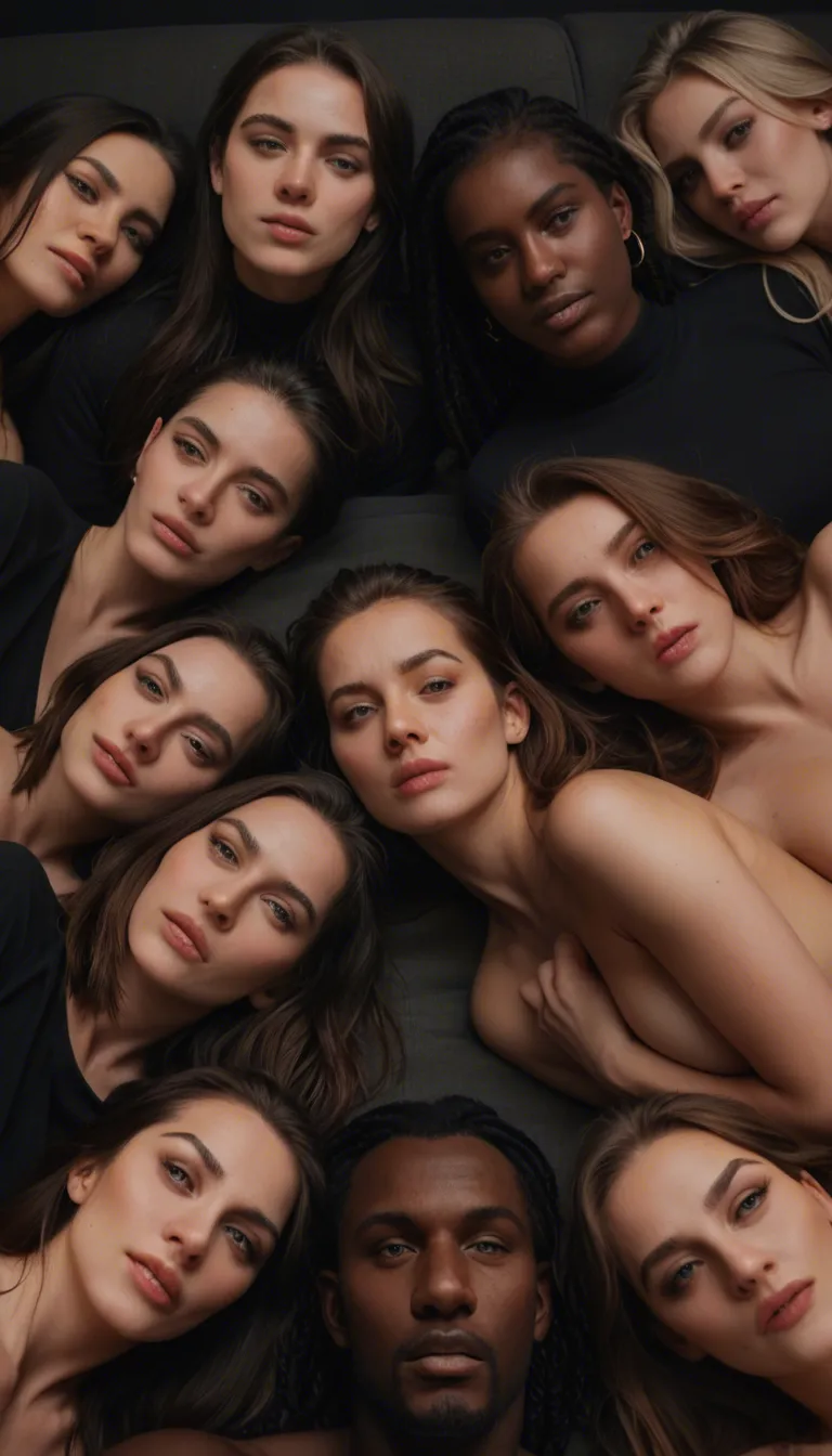 cinematic photo, 8k, 5girls, dark-skinned male, long sleeves, spooning, wide shot, photorealistic
