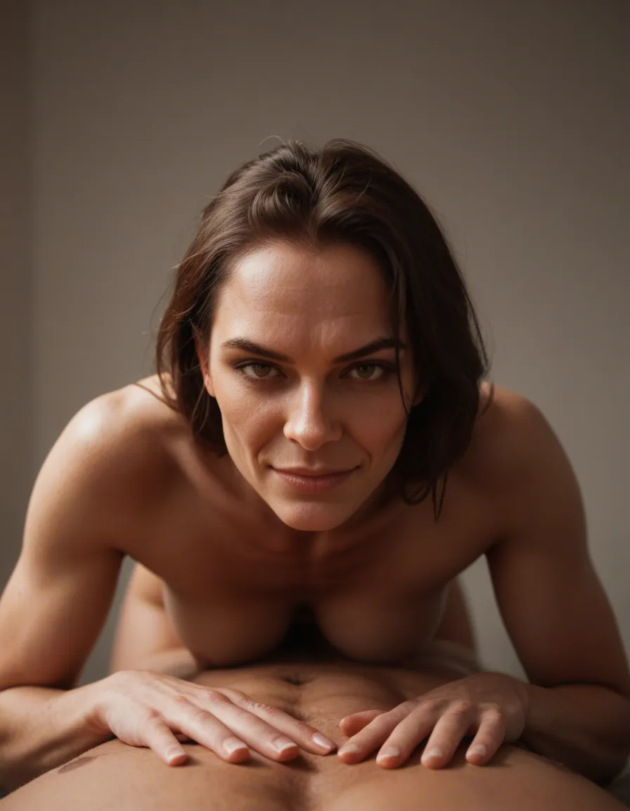 android woman, doggystyle, pov, looking at viewer, smirking, cum, signalis, elster,, score_9, score_8, candid photo, realistic skin texture, visible skin pores, film grain, depth of field