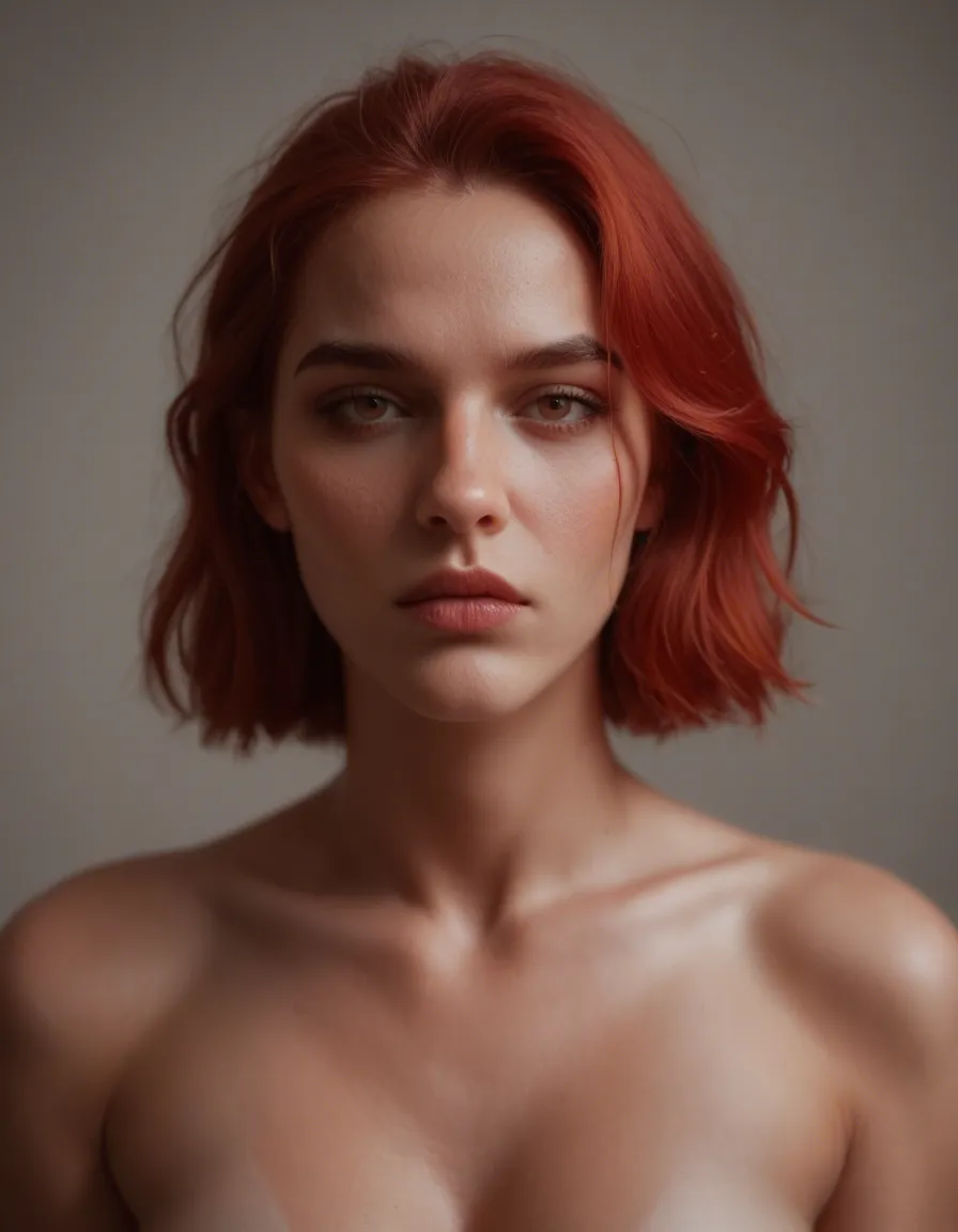 Petite, submissive, small, beautiful,shy,red hair, score_9, score_8, candid photo, realistic skin texture, visible skin pores, film grain, depth of field