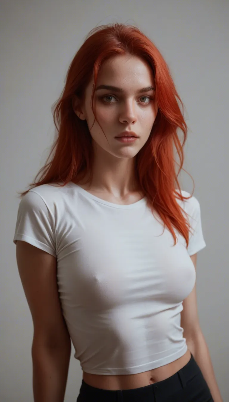 Skinny red haired 20 year old pale woman with perky tits. She is wearing a very tight white t shirt and painted. She becomes surprised as her breasts begin to grow until her tits breakout of her shirt. Her bear breast bouncing_breasts. sharp focus, 8k uhd, riding, shiny skin, night, lifelike render