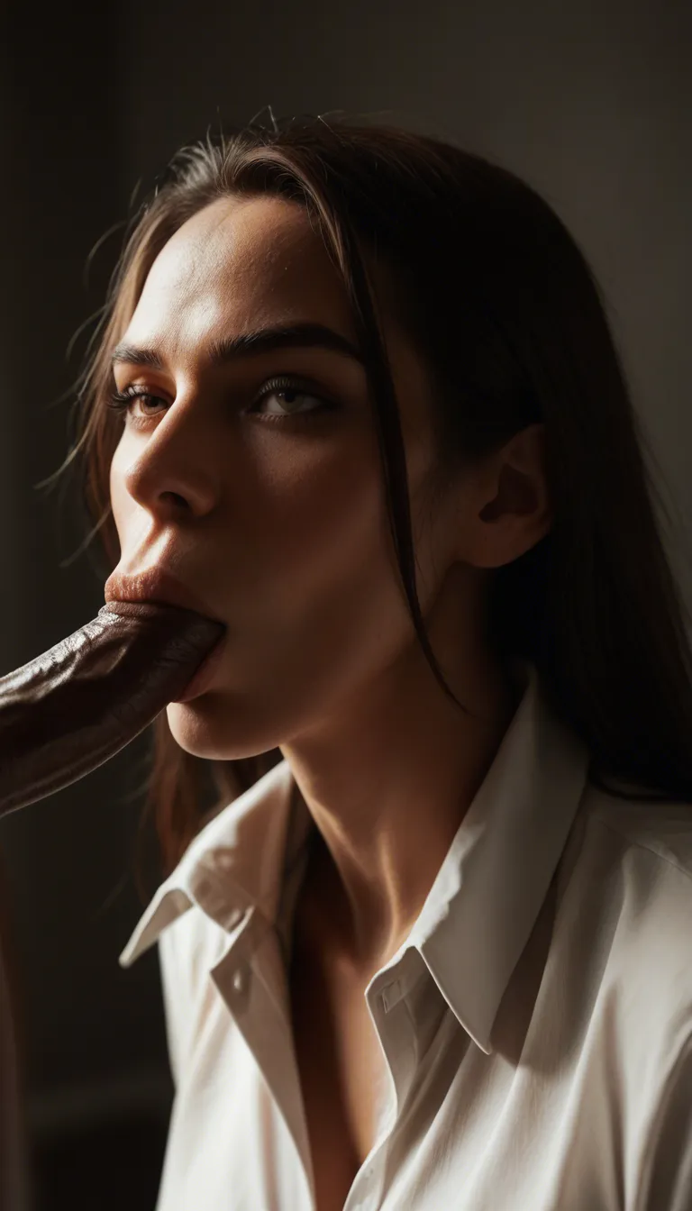 8k, sharp focus, detailed skin, bunny woman, collared shirt, blowjob, dramatic lighting, RAW photo