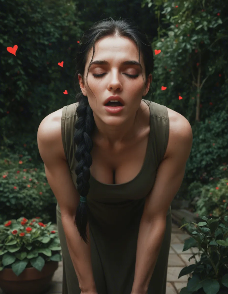 Futanari, 1futa, 30 year old irish futa, braided black hair, blue eyes, heart shaped face, beautiful, in garden, standing,leaning slightly forward,head tilted down. Eyes closed, mouth open, orgasm. Wearing shor9t , military style red jacket, open and flared and red crotchless tights. erect penis,no panties. Hand holding penis, masturbation , ,ejaculation, full_body, erect nipples, pert breasts, ,score_9, score_8, candid photo, realistic skin, score_9, score_8, candid photo, realistic skin texture, visible skin pores, film grain, depth of field