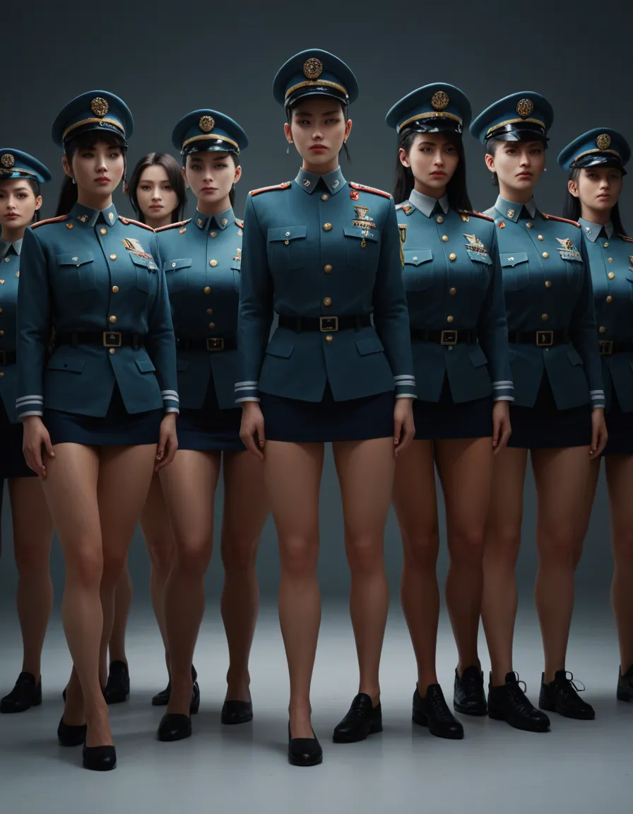 6women, Korean, in military uniforms, marching past viewer, high stepping together goose stepping.short skirts lifting to show hairy pussy., score_9, score_8, 3d render, octane render, subsurface scattering, ray tracing, smooth shading