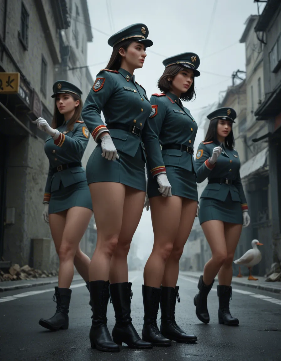3women, Korean, goose step, wide shot.  in military uniforms, march past along road, black boots lifted high. high step together in unison. White gloves on hands , swinging high together, goose step short skirt lifted by leg to show hairy pussy., from side. From below, score_9, score_8, 3d render, octane render, subsurface scattering, ray tracing, smooth shading, score_9, score_8, candid photo, realistic skin texture, visible skin pores, film grain, depth of field, score_9, score_8, 3d render, octane render, subsurface scattering, ray tracing, smooth shading, score_9, score_8, 3d render, octane render, subsurface scattering, ray tracing, smooth shading, score_9, score_8, candid photo, realistic skin texture, visible skin pores, film grain, depth of field