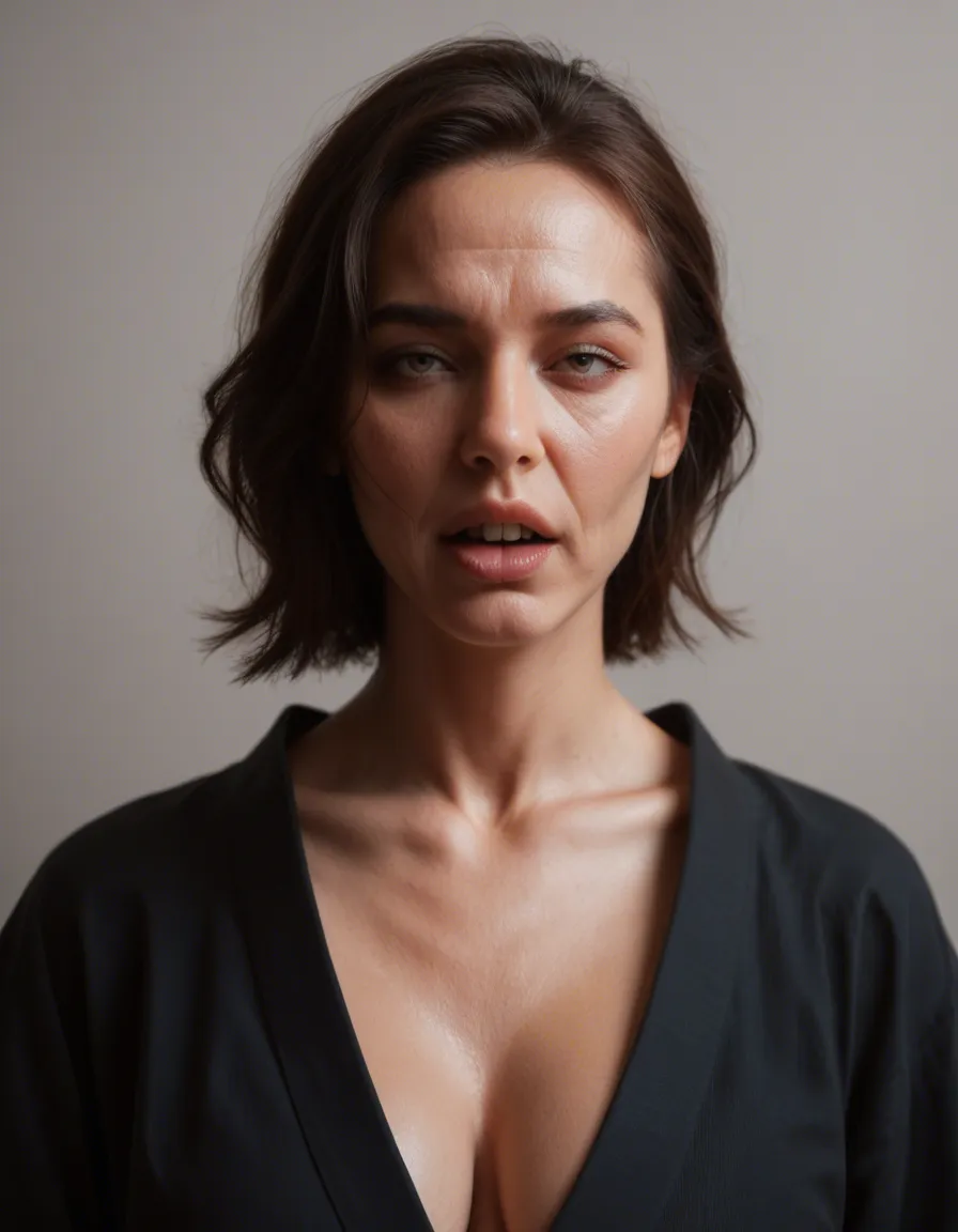 best quality, hyperrealistic, milf, collarbone, japanese clothes, ahegao, gradient background, portrait, film photography, score_9, score_8, candid photo, realistic skin texture, visible skin pores, film grain, depth of field