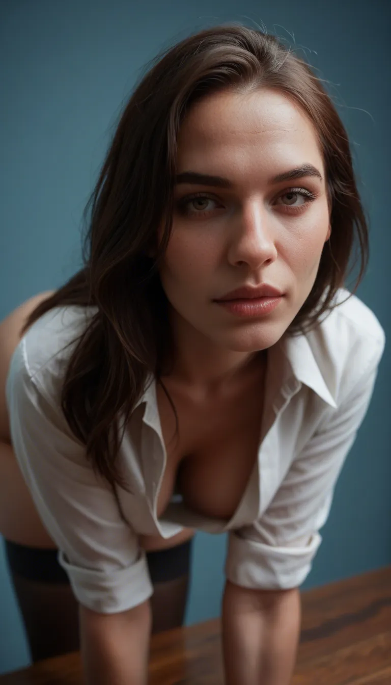 professional photo, high detail, extreme close-up, brunette woman, bent over, black thighhighs, blue background, studio photo