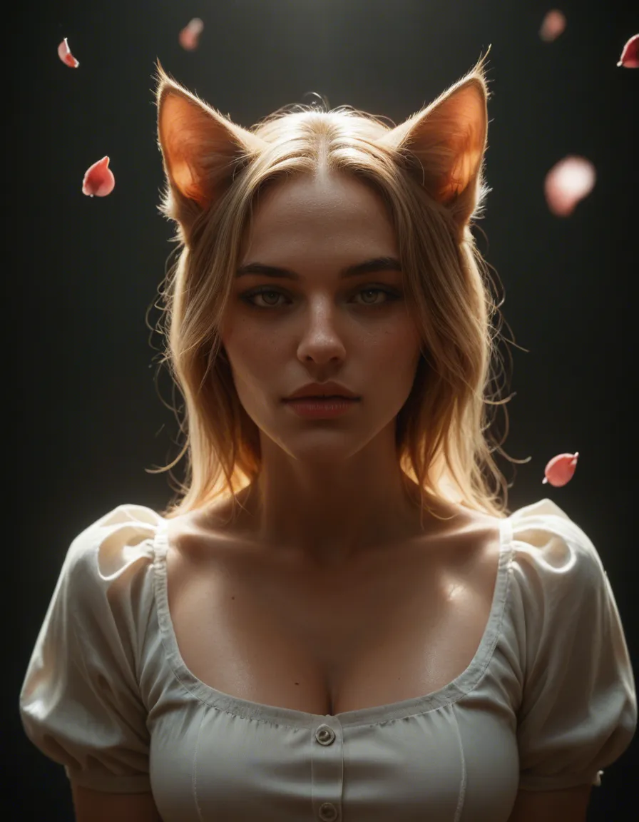 highly detailed, natural lighting, catgirl, hourglass figure, puffy sleeves, presenting, petals, studio photo, score_9, score_8, candid photo, realistic skin texture, visible skin pores, film grain, depth of field