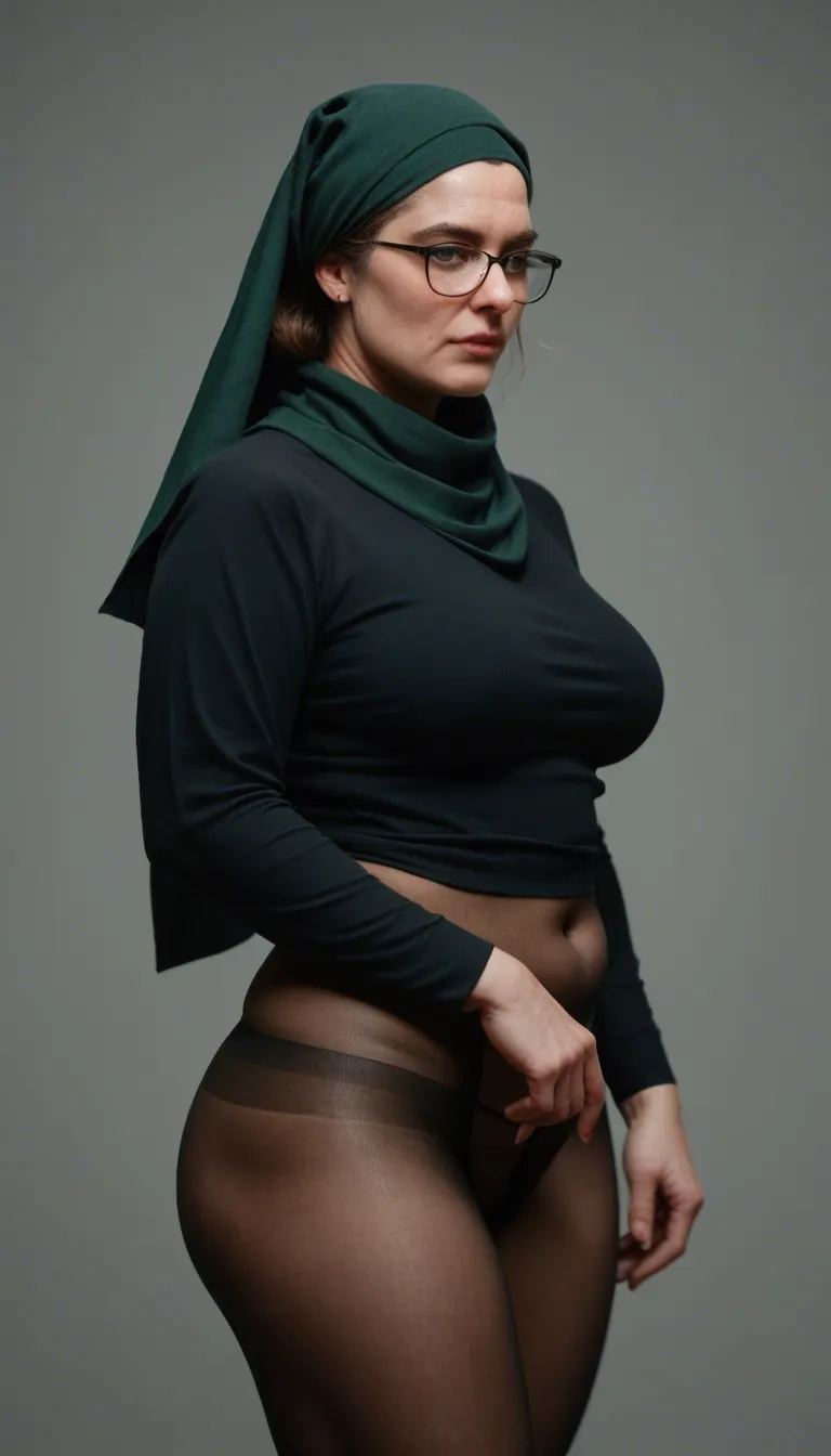 Ultraorthodox chubby Jewish woman, hair wrapped by dark green headscarf, hair isn't visible because it's covered by headscarf, milf, glasses, pantyhose, open unbuttoned brown shirt exposing her tits, long sleeves, long black skirt lifted up, big tits, spread legs, moaning, she is riding huge cock, hairy pussy, she is gropping her tits, office