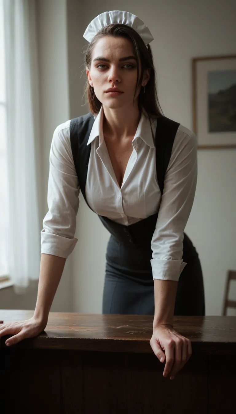 professional photo, high detail, maid, collared shirt, bent over, RAW photo
