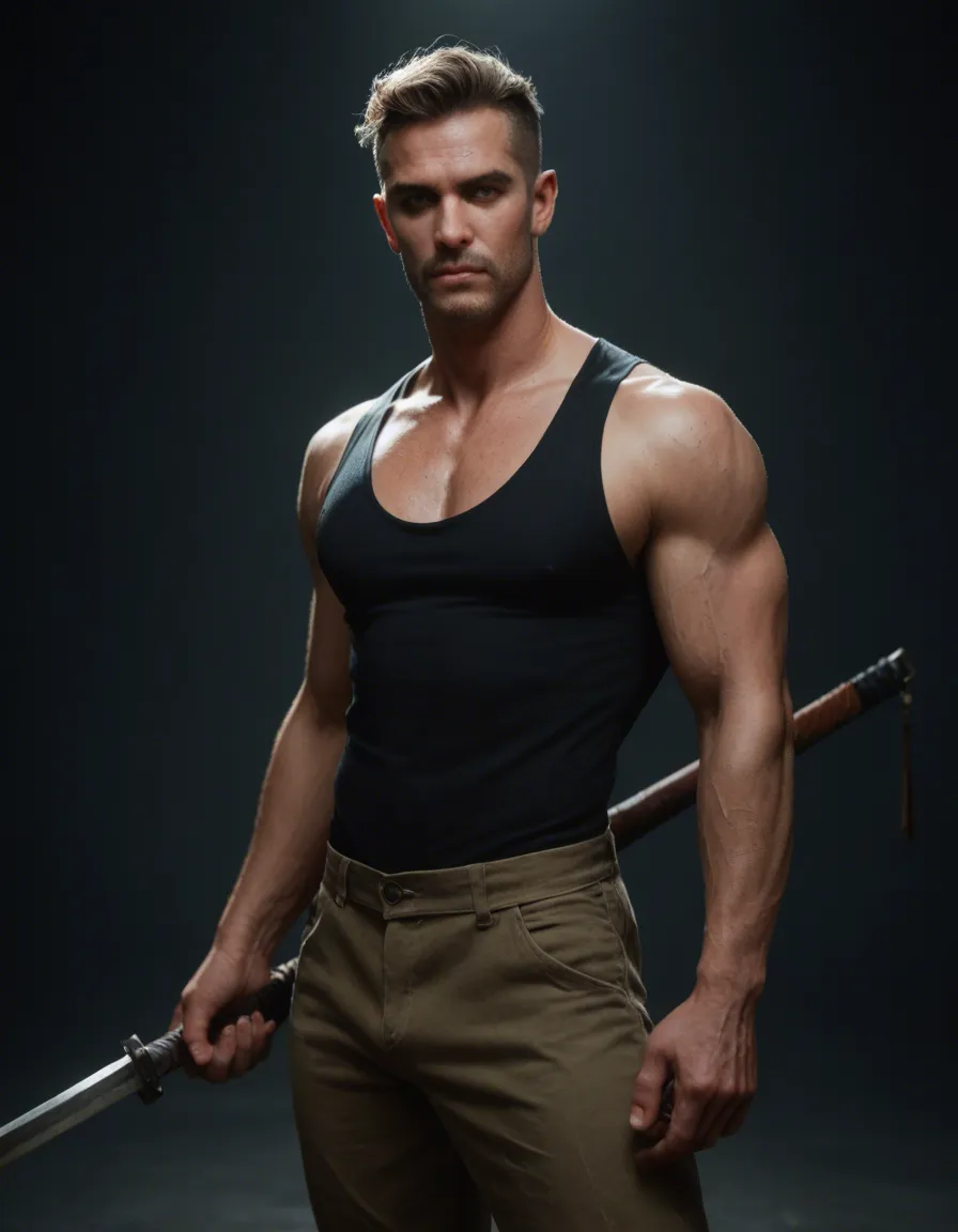 studio quality, sharp focus, male focus, colored skin, weapon, futanari, RAW photo, score_9, score_8, candid photo, realistic skin texture, visible skin pores, film grain, depth of field
