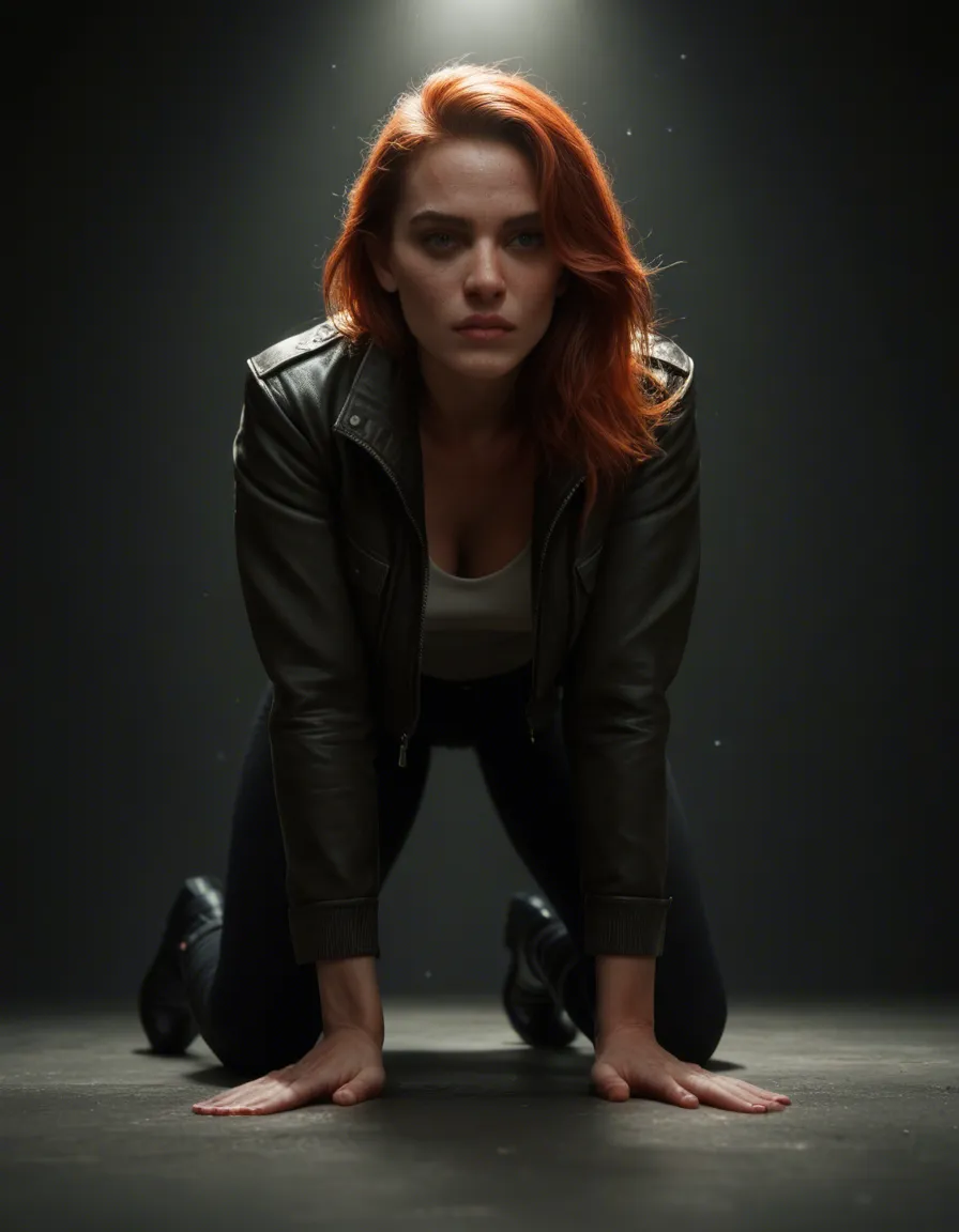 sharp focus, 8k uhd, redhead woman, black footwear, jacket, on all fours, soft lighting, film photography, score_9, score_8, candid photo, realistic skin texture, visible skin pores, film grain, depth of field