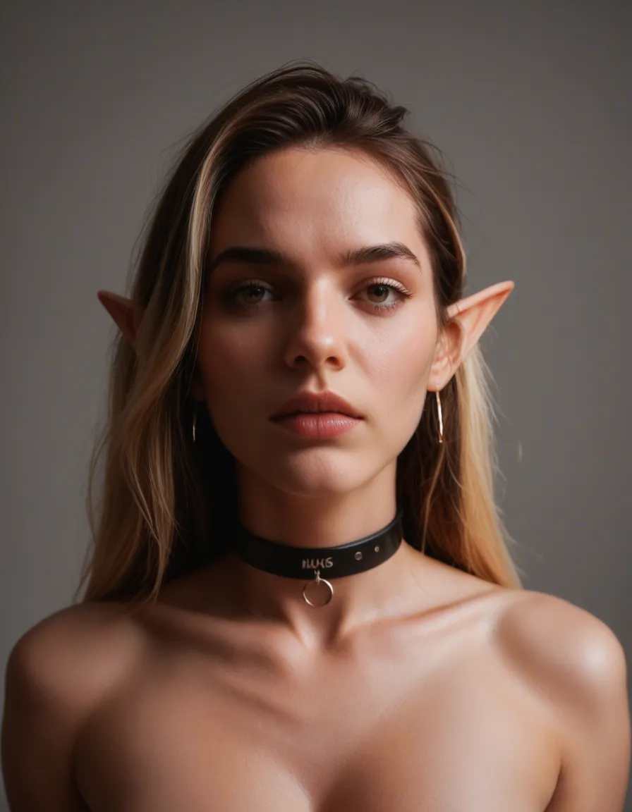 dslr, film grain, photorealistic, elf girl, multicolored hair, choker, bondage, studio lighting, cinematic realism, score_9, score_8, candid photo, realistic skin texture, visible skin pores, film grain, depth of field