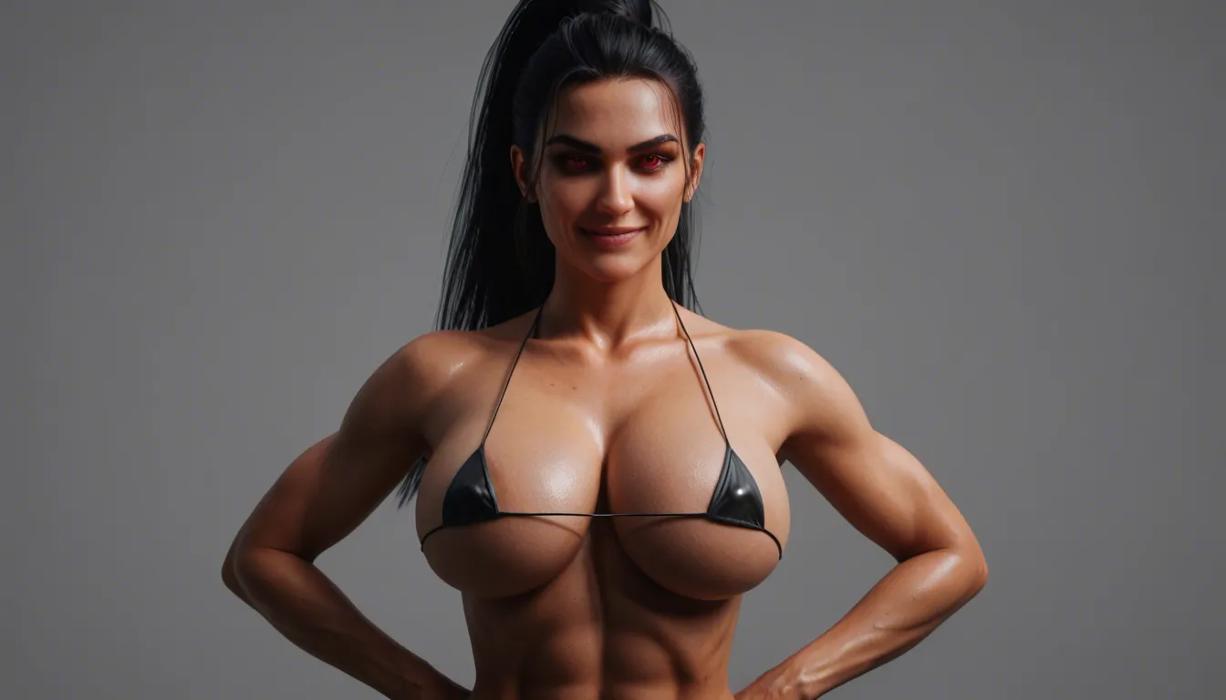 view upper body, busty athletic woman huge breasts arching back riding small weak man, shiny black micro bikini long black hair fringe hairstyle high ponytail evil smile almond red eyes, big blue shoulder tattoos blue arm and forearm tattoos, dark castle