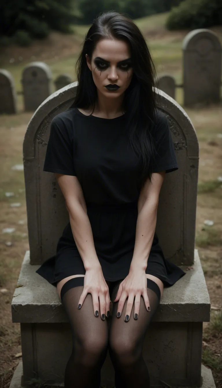High-angle photorealistic image: a very young woman with {pale skin|dark makeup|a gothic aesthetic} wearing black thigh high stockings sits on a tombstone amidst a night graveyard; she is giving a handjob to a man, the shot captures the liquid motion of a squirting ejaculation hitting her gothic garments, shot from above, hyper-realistic textures, midnight atmosphere.