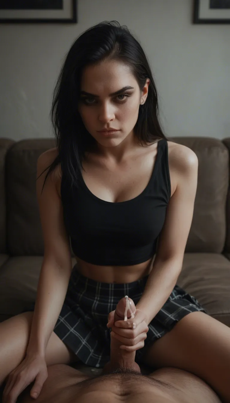 sharp focus, 8k uhd, young woman, black hair, goth, sitting on a couch, handjob to 1 man, pov, cum on skirt, squirting ejaculation , hyperrealistic