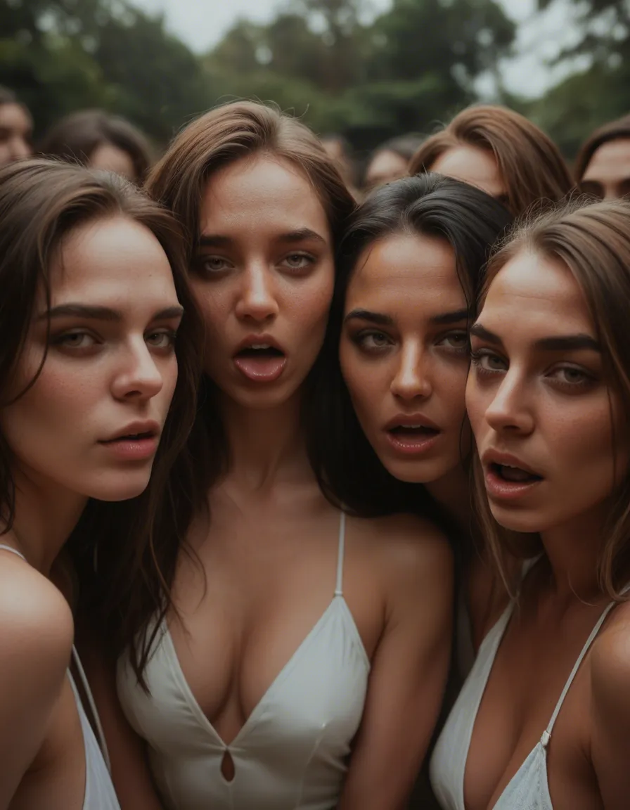 RAW photo, ultra realistic, 5women, dress, ahegao, backlit, dslr quality, score_9, score_8, candid photo, realistic skin texture, visible skin pores, film grain, depth of field