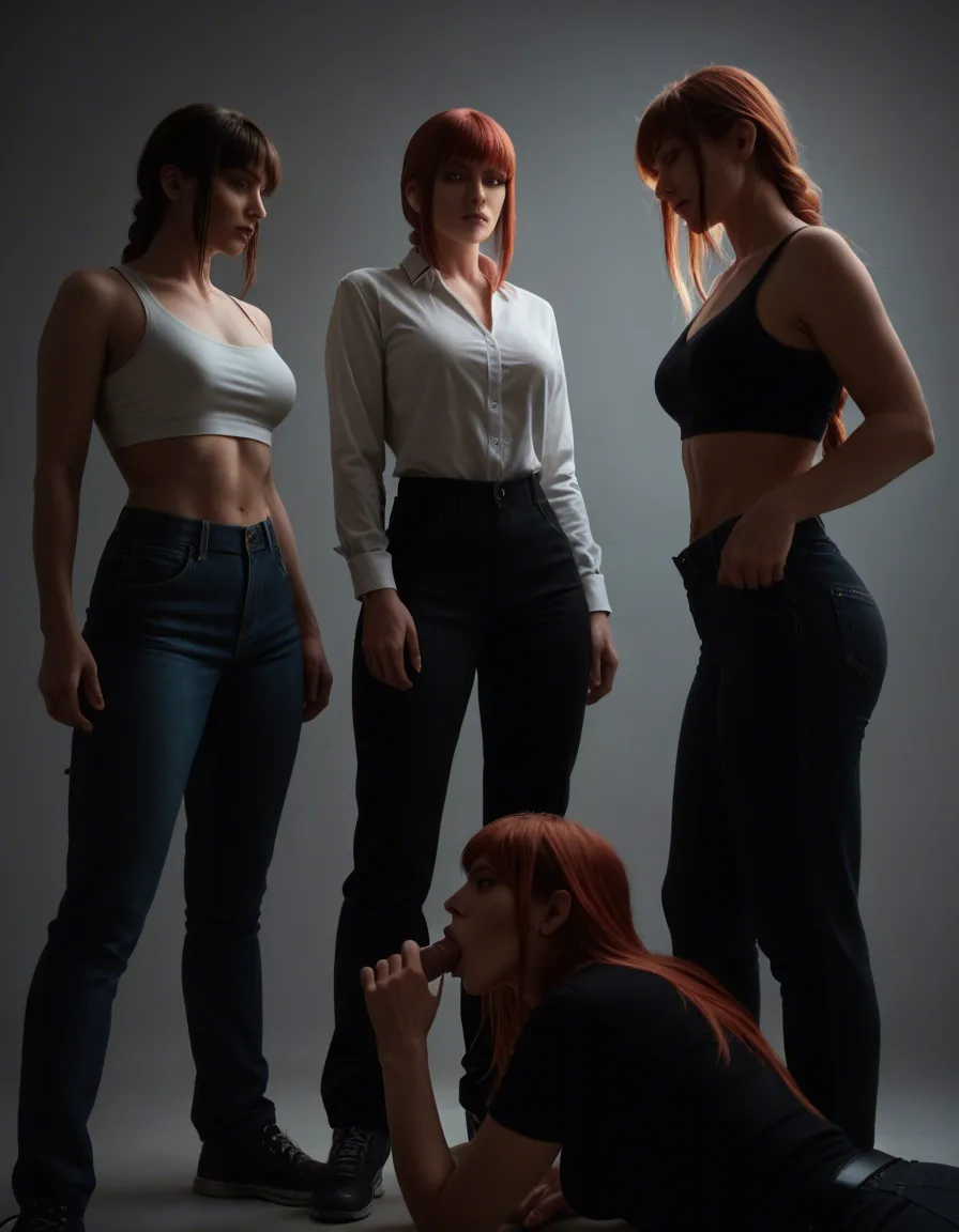 sharp focus, 8k uhd, 5girls, pants, blowjob, soft lighting, photorealistic, 16_century, hyperrealistic, @makima_(chainsaw_man), bdsm, femdom, score_9, score_8, candid photo, realistic skin texture, visible skin pores, film grain, depth of field