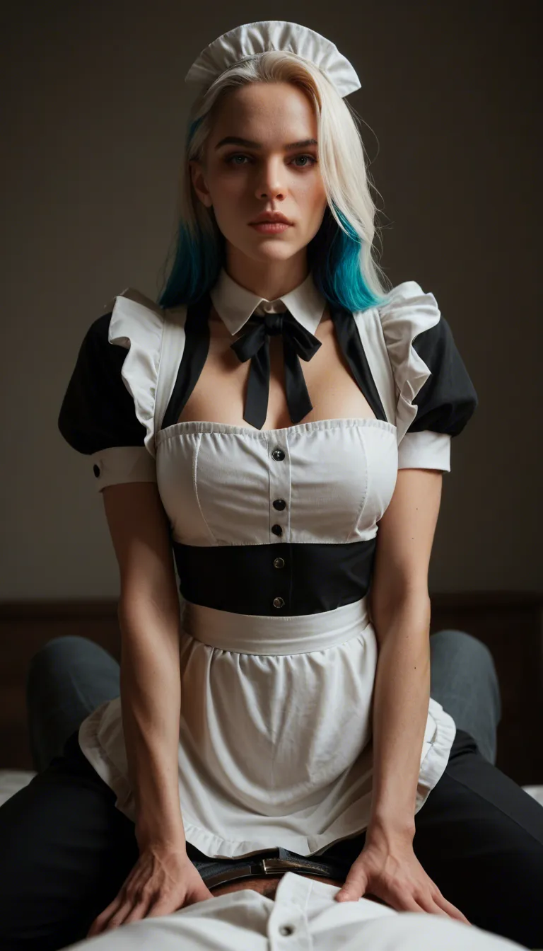 sharp focus, 8k uhd, maid, multicolored hair, pants, straddling, cinematic realism