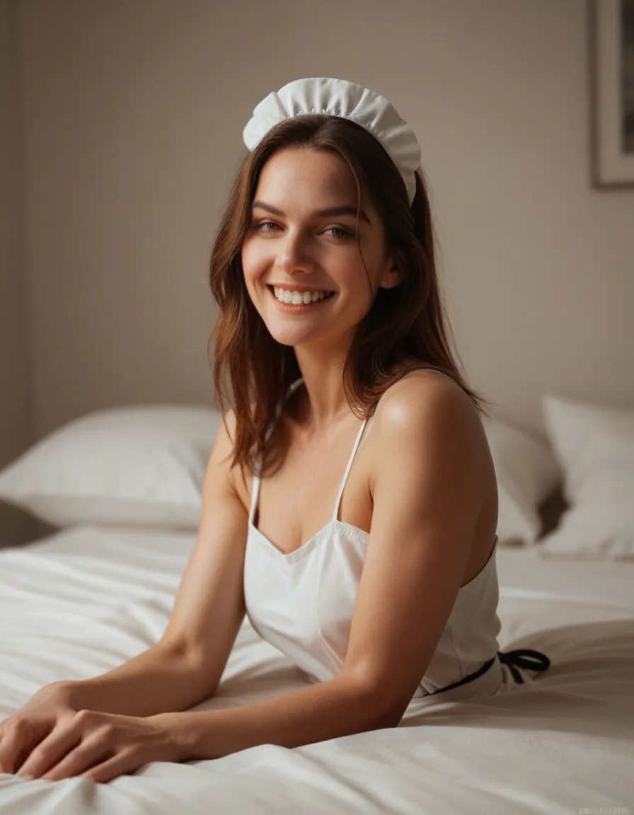 ultra HD, lifelike, maid, presenting, bare arms, bed, teasing grin, hyperrealistic, score_9, score_8, candid photo, realistic skin texture, visible skin pores, film grain, depth of field