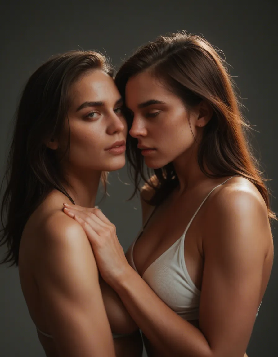Lesbian arab scène, score_9, score_8, candid photo, realistic skin texture, visible skin pores, film grain, depth of field