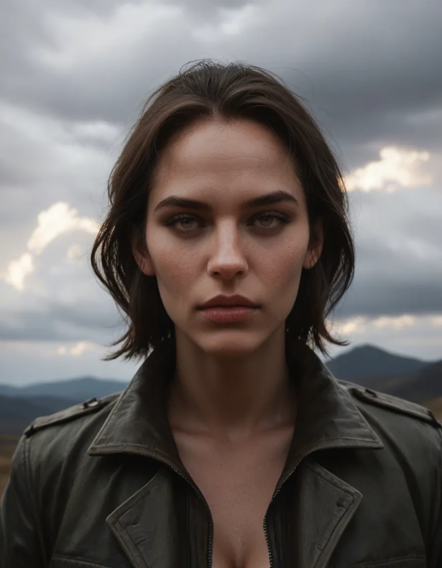 sharp focus, 8k uhd, witch, feet out of frame, jacket, fully nude, cloud, dslr quality, score_9, score_8, candid photo, realistic skin texture, visible skin pores, film grain, depth of field