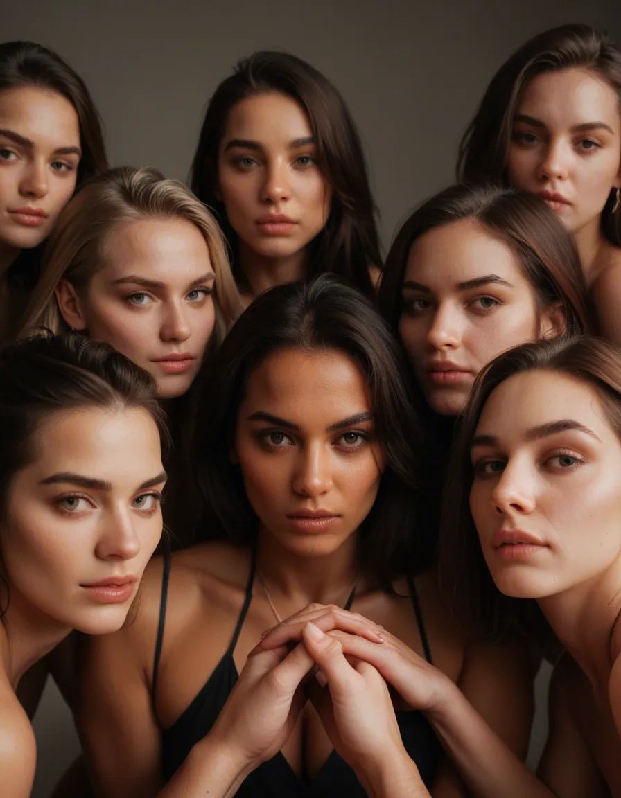 8k, sharp focus, detailed skin, three-quarter view, 6+girls, bent over, holding hands, confident gaze, lifelike render, score_9, score_8, candid photo, realistic skin texture, visible skin pores, film grain, depth of field