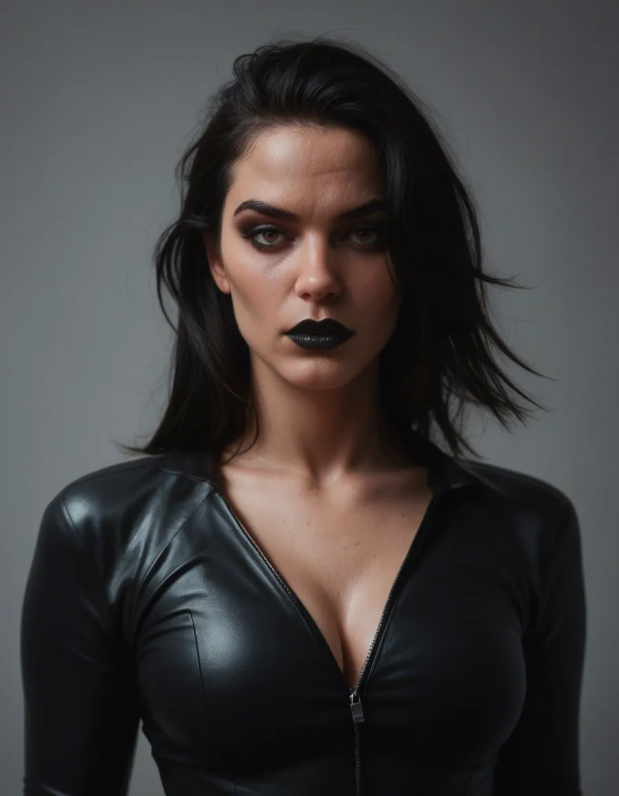 goth trans woman with split red and black hair, she is in a pvc catsuit has smokey make up and black lipstick. she has c-cup and wide waist while still being skinny, score_9, score_8, candid photo, realistic skin texture, visible skin pores, film grain, depth of field