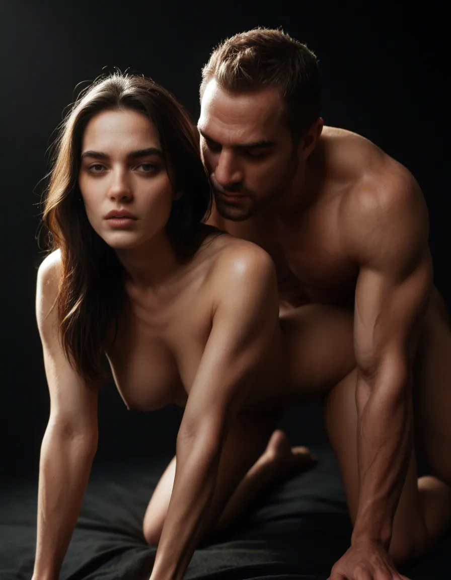 highly detailed, natural lighting, couple, on all fours, abs, black background, photorealistic, score_9, score_8, candid photo, realistic skin texture, visible skin pores, film grain, depth of field