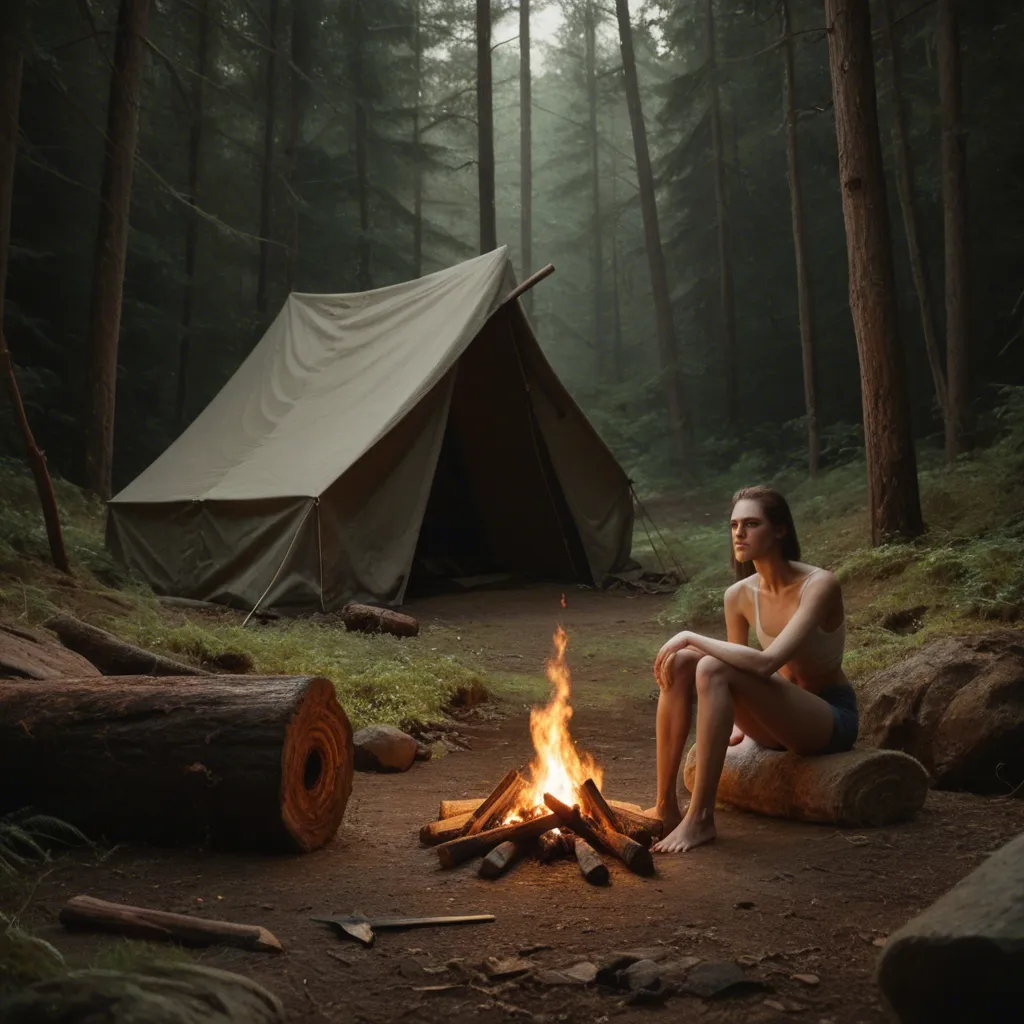 photo realistic. Skinny younger female wearing nothing; sitting on a fallen tree in the woods next to a single tent campsite. Later in the day. campfire is lit. She has hazel eyes and light brown hair. She has small to medium breasts. , low-angle shot. Face should be well defined and younger looking. Legs open enough to see vagina.