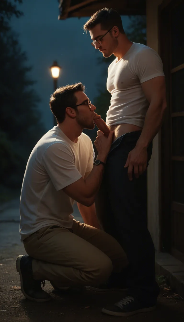 highly detailed, natural lighting, 2boys, glasses, white shirt, blowjob, night, full body, hyperrealistic