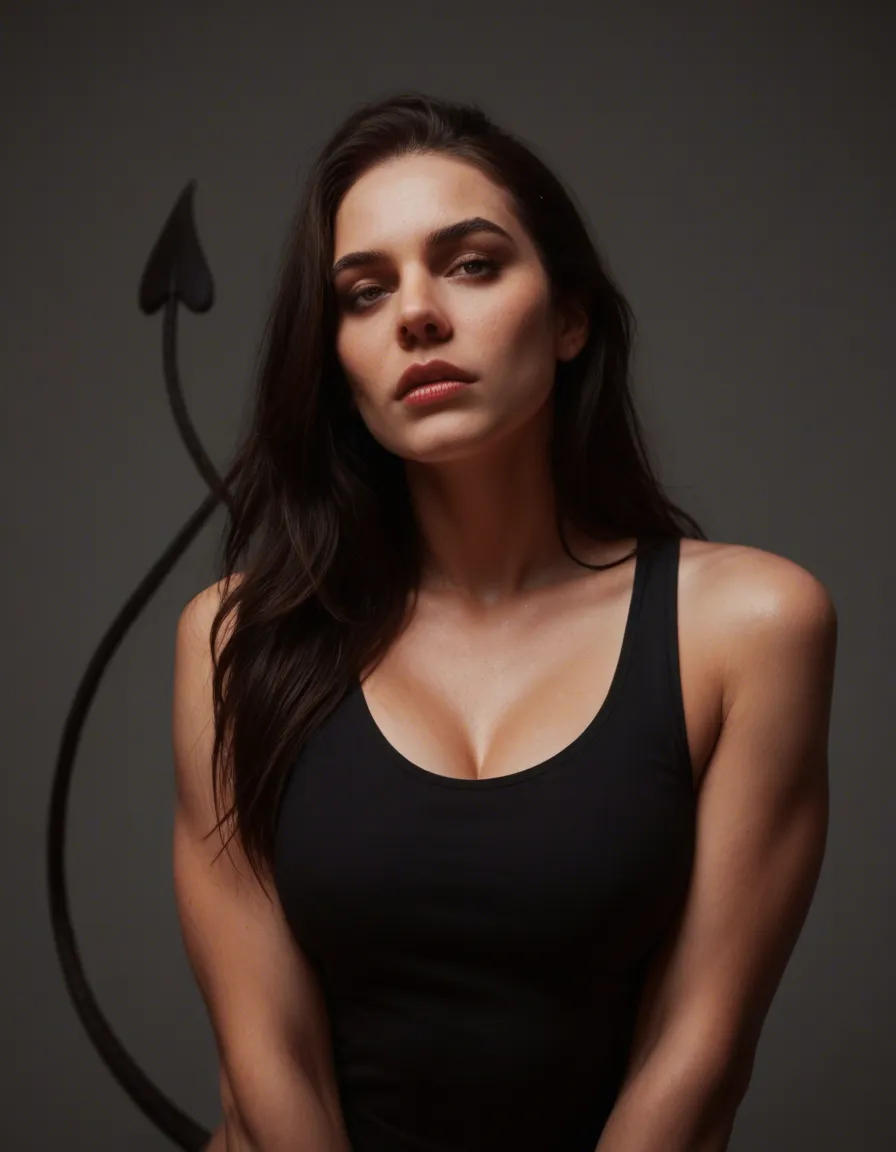 cinematic photo, 8k, demon girl, bare arms, tail, futanari, ambient glow, studio photo, score_9, score_8, candid photo, realistic skin texture, visible skin pores, film grain, depth of field