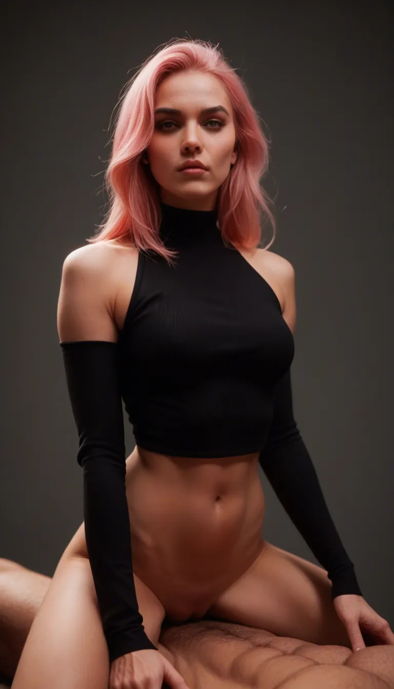 best quality, hyperrealistic, demon woman, pink hair, detached sleeves, straddling, film photography