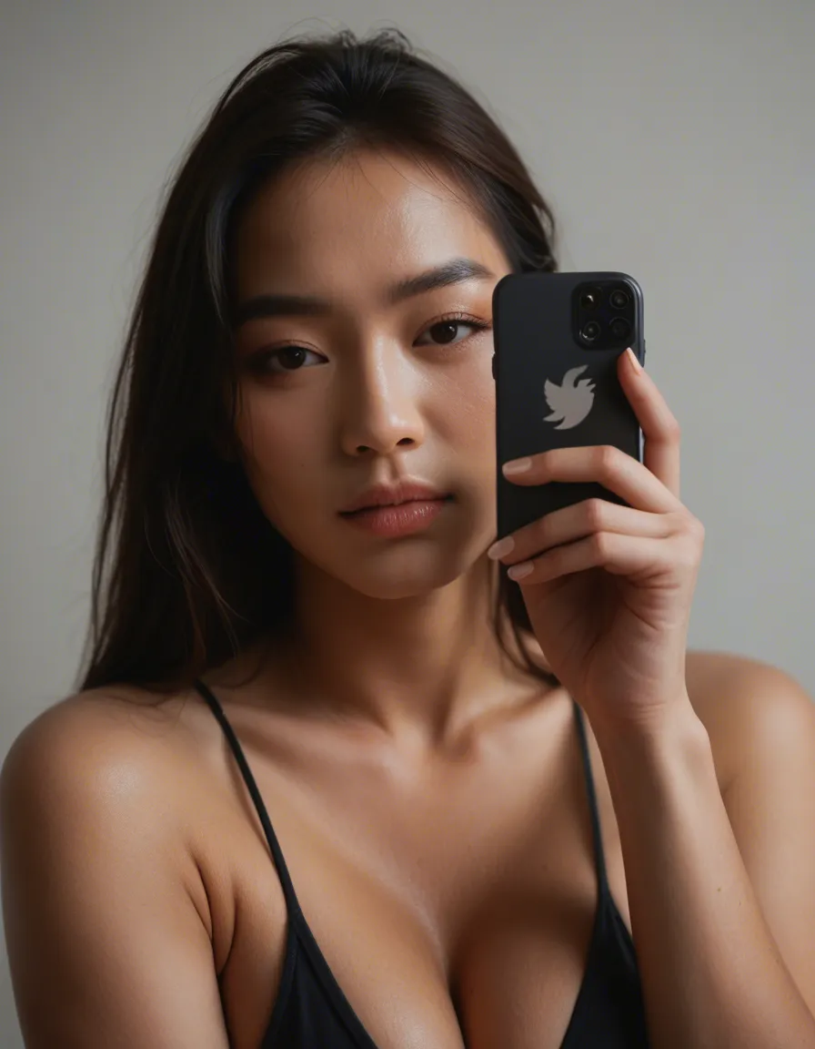 Asian woman_on_top, score_9, score_8, amateur photo, phone snapshot, realistic skin texture, skin blemishes, soft indoor lighting
