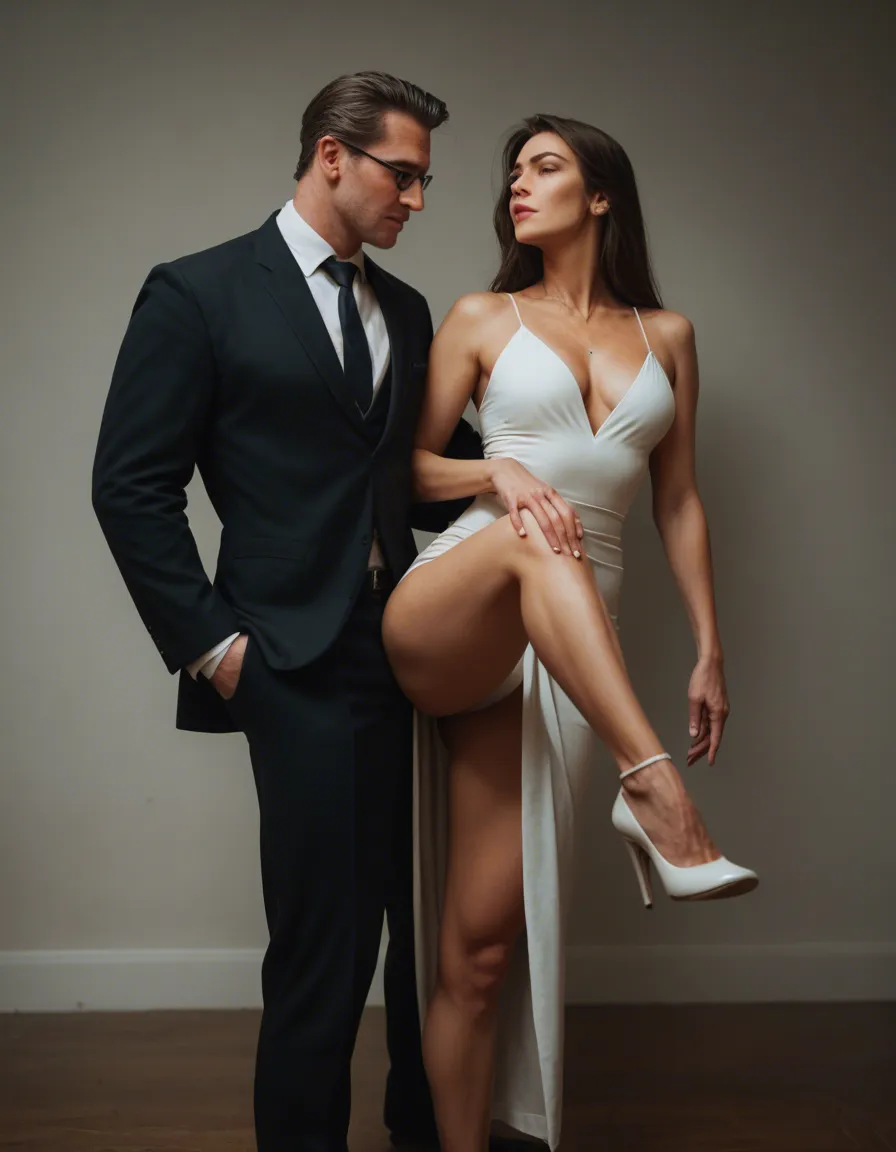 professional photo, high detail, couple, ahoge, dress, leg up, film photography, score_9, score_8, candid photo, realistic skin texture, visible skin pores, film grain, depth of field