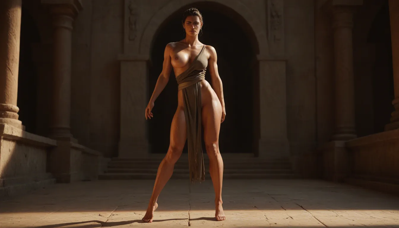 Ancient Rome arena, a gladiator fucks a noble woman from behind, she is in white stola  standing on her knees, clothes are ripped open, one naked breast fully exposed, medium_breasts , bouncing_breasts, low-angle view , (score_9:10), candid photo, realistic skin texture, visible skin pores, film grain, shallow depth of field