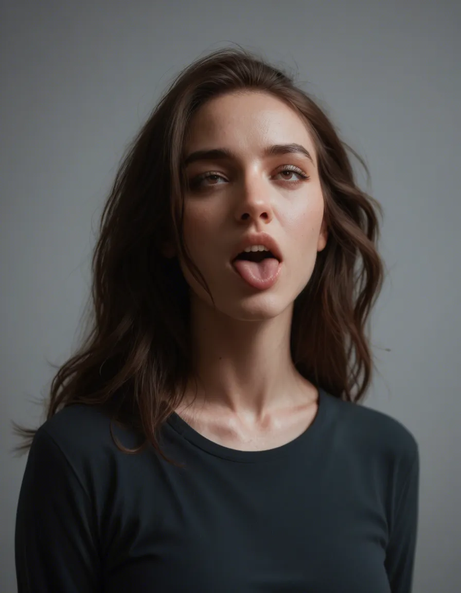studio quality, sharp focus, brunette woman, floating hair, long sleeves, ahegao, cool tones, lifelike render, score_9, score_8, candid photo, realistic skin texture, visible skin pores, film grain, depth of field