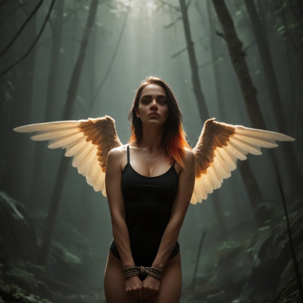 highly detailed, natural lighting, solo, multicolored hair, wings, bondage, 8k uhd photo_(object)