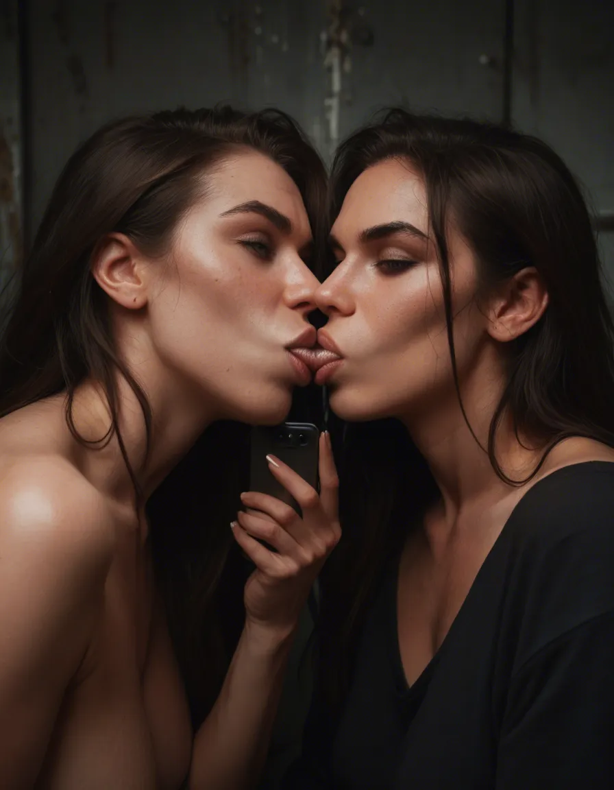 Two women behind a dumpster sucking one dick, score_9, score_8, amateur photo, phone snapshot, realistic skin texture, skin blemishes, soft indoor lighting