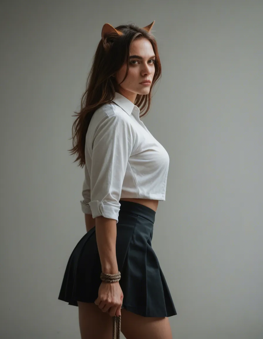 cinematic photo, 8k, catgirl, skirt, bondage, volumetric light, RAW photo, score_9, score_8, candid photo, realistic skin texture, visible skin pores, film grain, depth of field