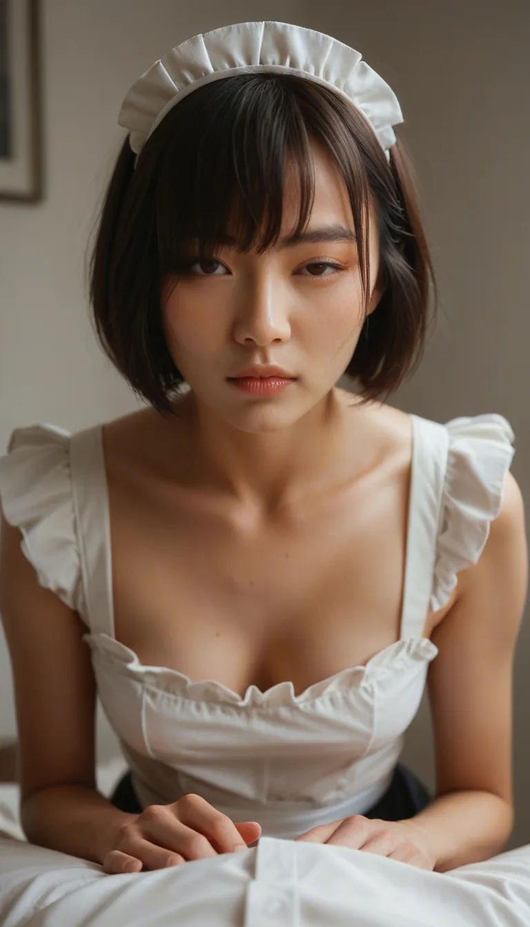 POV, maid asian, pear shaped body, short hair, one eye covered bangs, seducing me, looking at me, resting on me, small_breasts, pulling out my penis