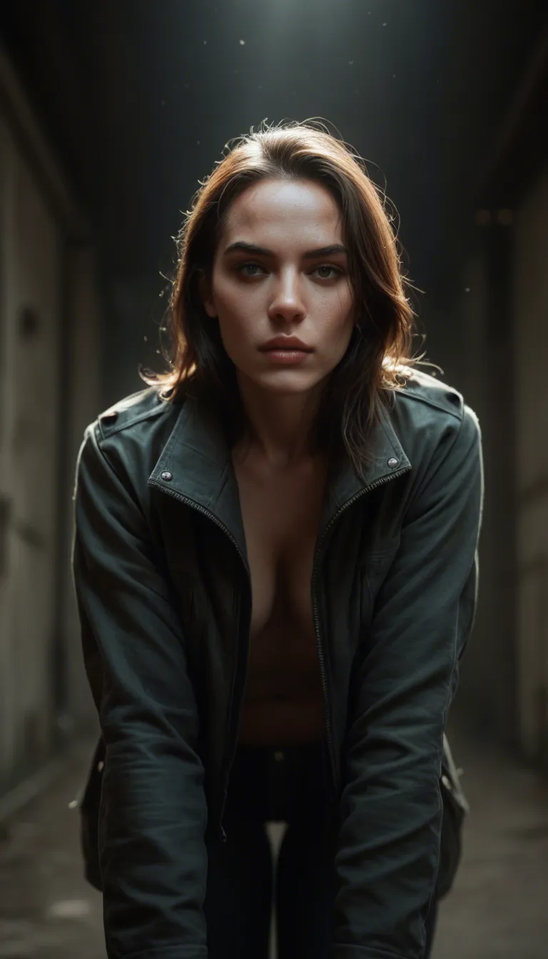 ultra HD, lifelike, solo female, petite adult woman, jacket, leaning forward, futanari, blurry background, spotlight, dslr quality
