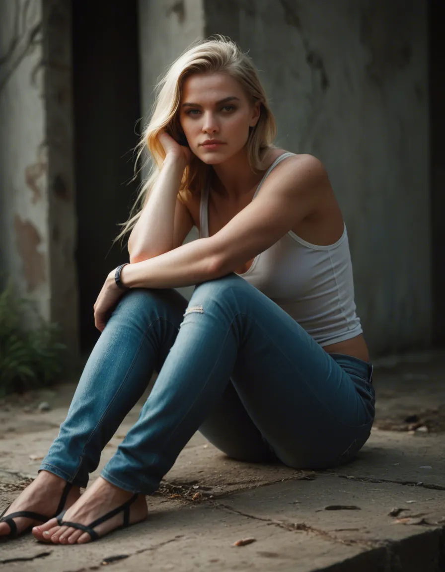 Blonde woman in low jeans sitting, score_9, score_8, candid photo, realistic skin texture, visible skin pores, film grain, depth of field