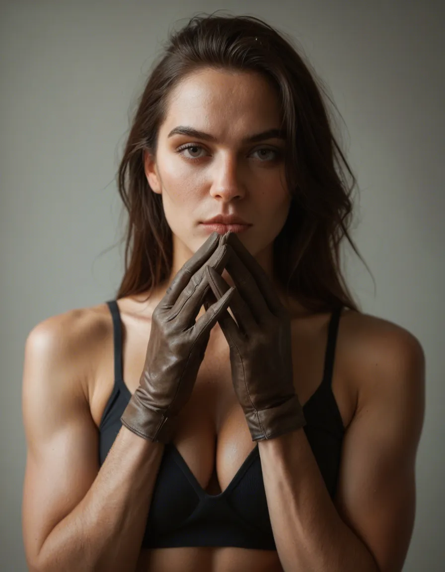 RAW photo, ultra realistic, solo, toned body, gloves, presenting, portrait, dslr quality, score_9, score_8, candid photo, realistic skin texture, visible skin pores, film grain, depth of field