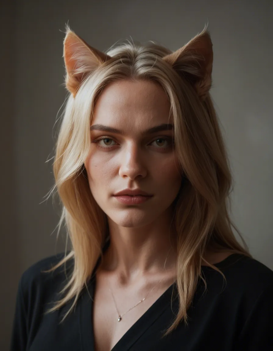 dslr, film grain, photorealistic, over the shoulder, catgirl, presenting, petite adult woman, wild energy, lifelike render, score_9, score_8, candid photo, realistic skin texture, visible skin pores, film grain, depth of field
