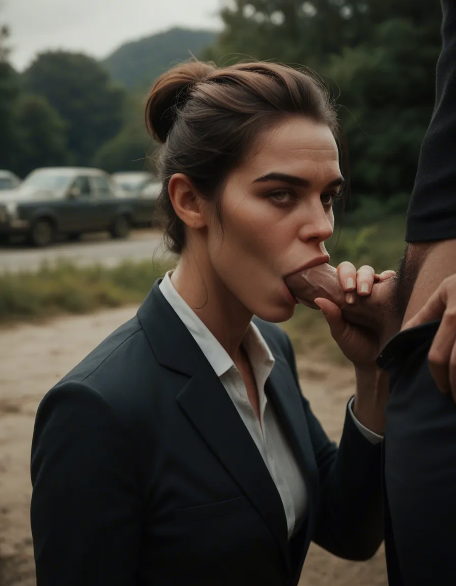 ultra HD, lifelike, male focus, hand on own hip, office wear, blowjob, outdoors, three-quarter view, lifelike render, score_9, score_8, candid photo, realistic skin texture, visible skin pores, film grain, depth of field
