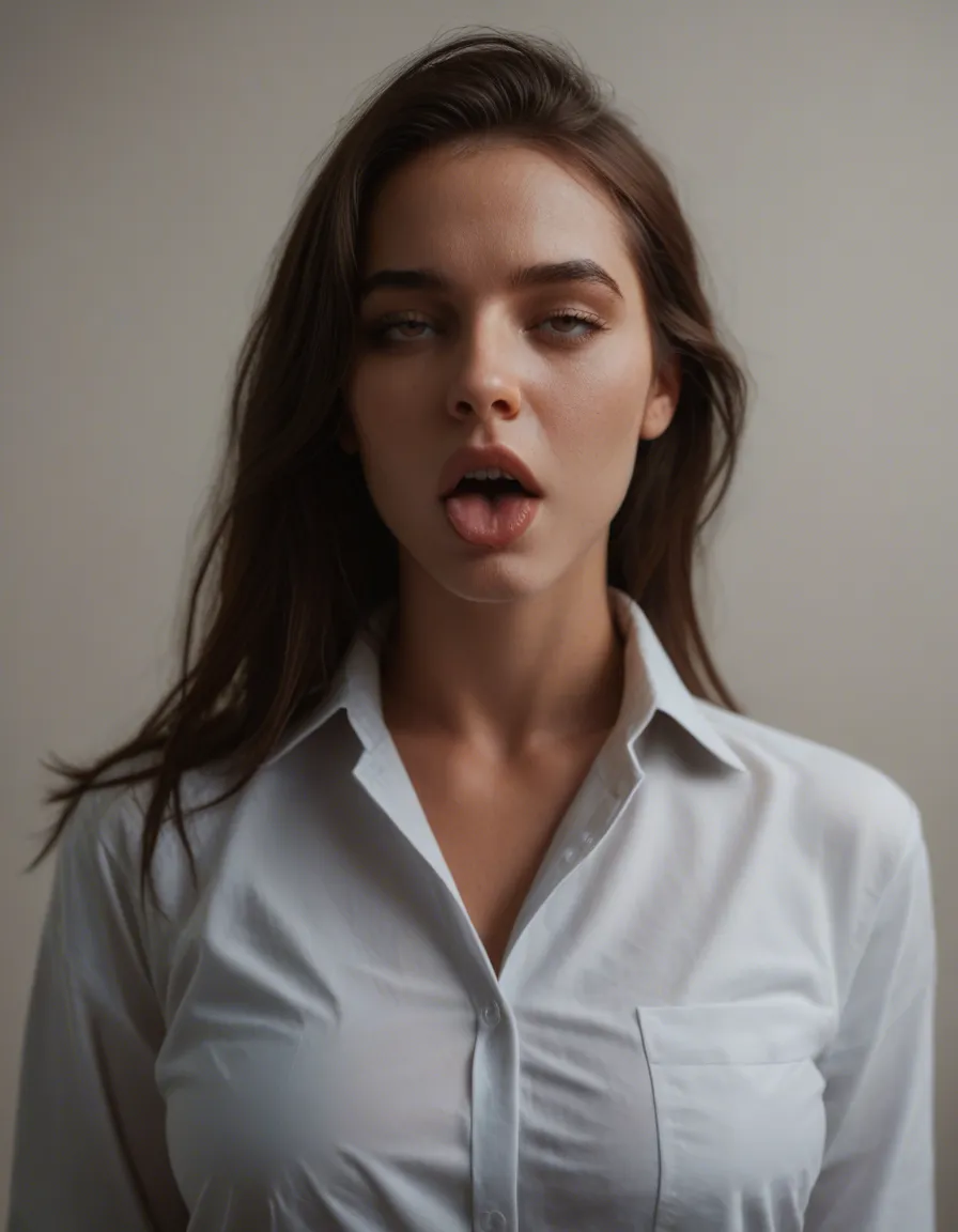 cinematic photo, 8k, brunette woman, curvy figure, collared shirt, bedroom eyes, ahegao, film photography, score_9, score_8, candid photo, realistic skin texture, visible skin pores, film grain, depth of field