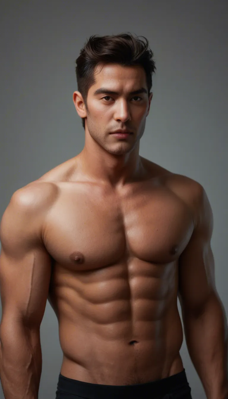 Asian muscular_male bodybuilder jacks off amd cums over himself