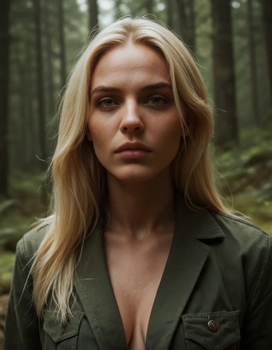 24yo supermodel, blonde, undressed, big boobs, facing front, in a forest, score_9, score_8, candid photo, realistic skin texture, visible skin pores, film grain, depth of field