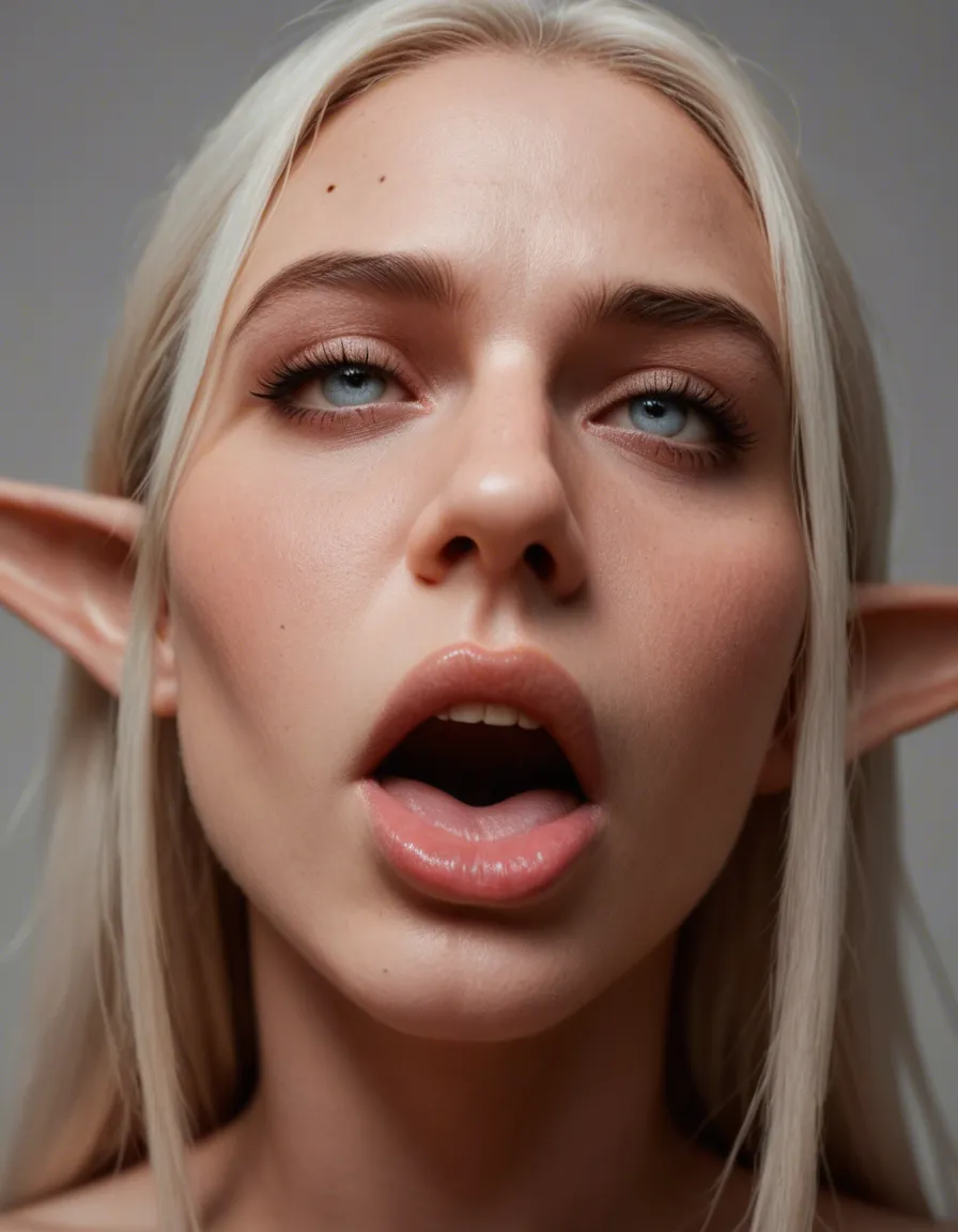 RAW photo, ultra realistic, extreme close-up, elf woman, ahegao, white thighhighs, grey background, hyperrealistic, score_9, score_8, candid photo, realistic skin texture, visible skin pores, film grain, depth of field